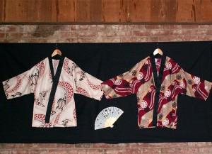Handsewn Happi (pronounced "hoppy") coats with handpainted silk fan