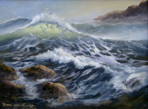 "Master Wave," oil on canvas painting of a large wave breaking on the shore by Boni de Laire