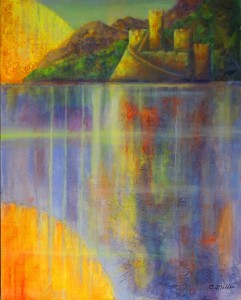 "Sunrise on the Rhine," mixed media on canvas by artist Christina Madden depicting a castle on the Rhine River in Europe