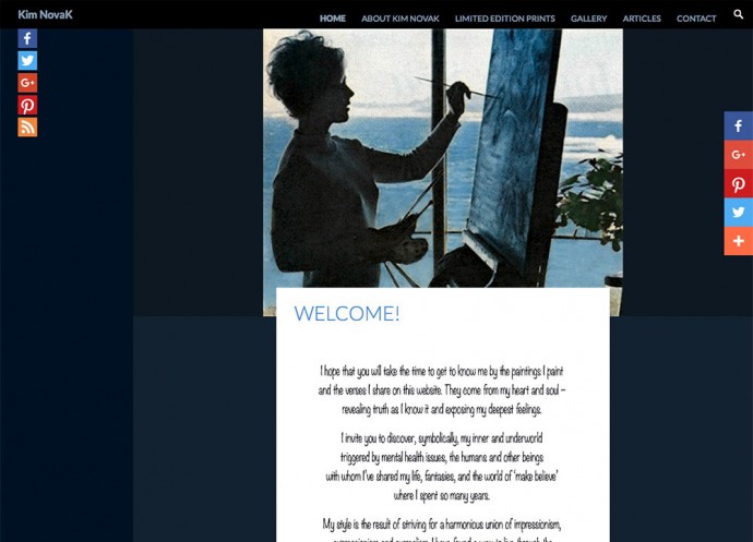 kimnovakartist.com screenshot of Kim Novak's home page (above the fold)