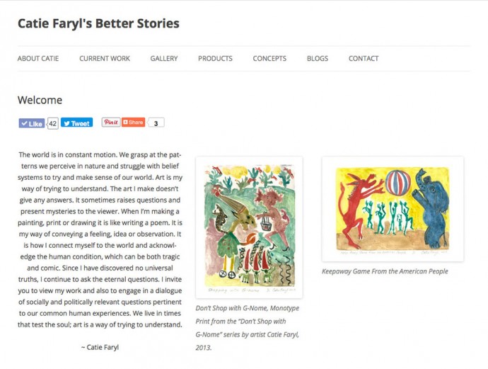 Artist Catie Faryl's website, catiefaryl.net- screenshot of Home - above the fold